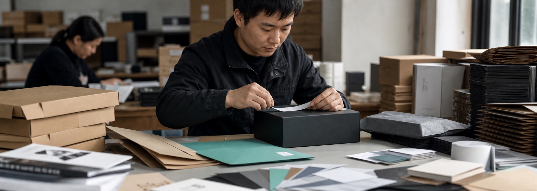 Packaging specialist applying an approved brand treatment to a parcel