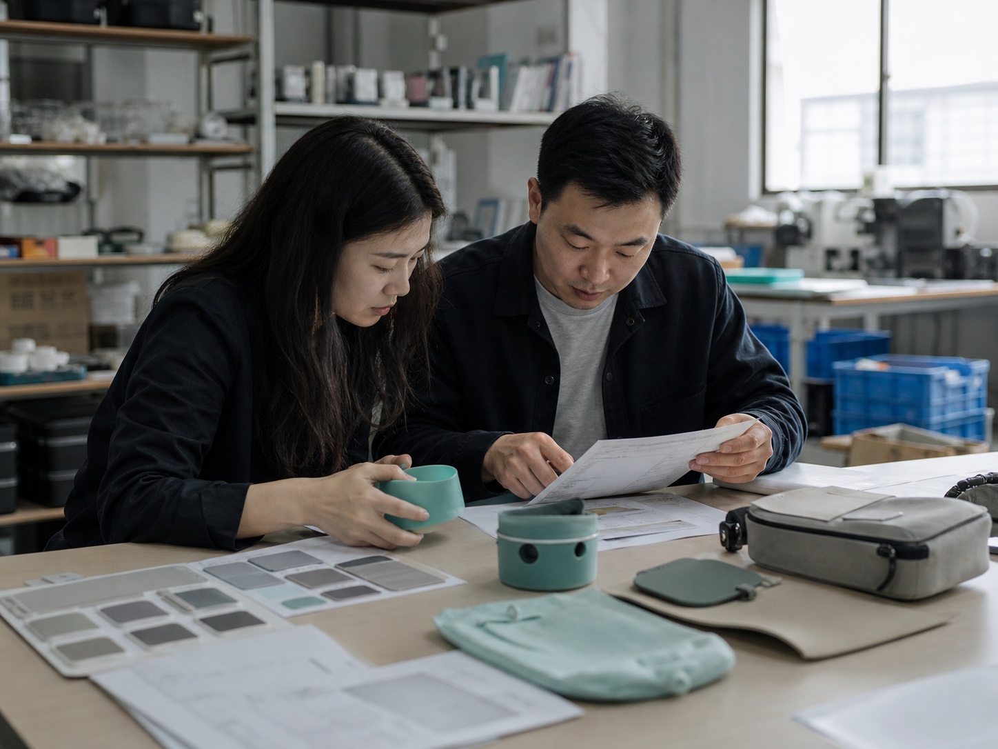 China-side product specialists aligning a product brief before production